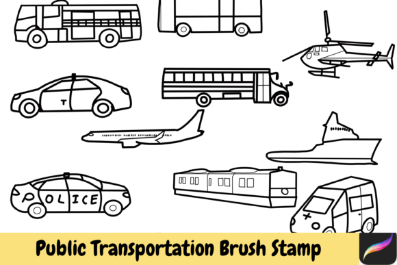 Download Public Transport Hand Drawn Brush Stamps - Transport Collection